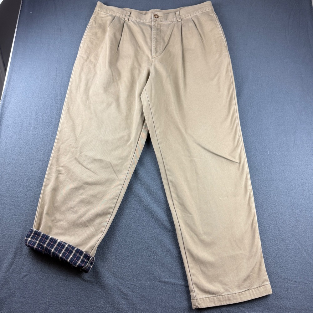 Vintage LL Bean Pleated Pants Men's 38x32 Beige Flannel Lined Wide Leg Workwear